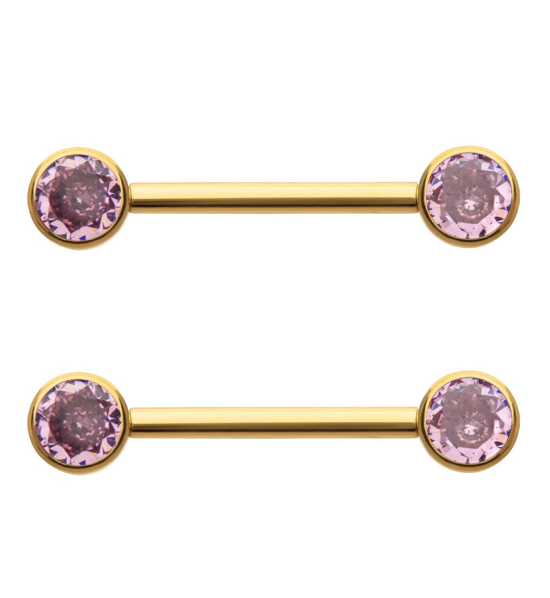 24kt Gold PVD Double Pink CZ Titanium Internally Threaded Nipple Ring Barbell