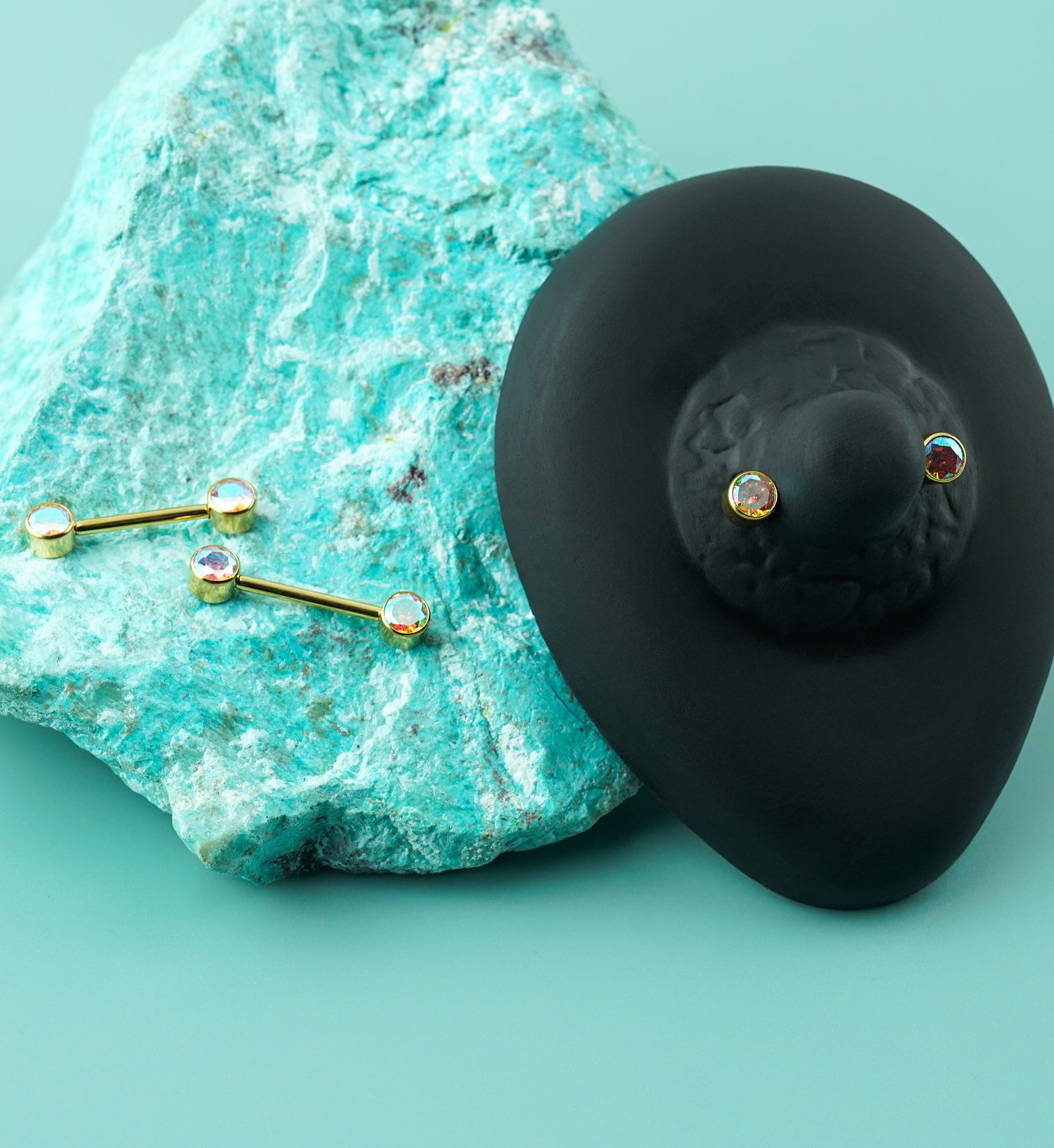 24kt Gold PVD Double Rainbow Aurora CZ Titanium Internally Threaded Nipple Ring Barbell