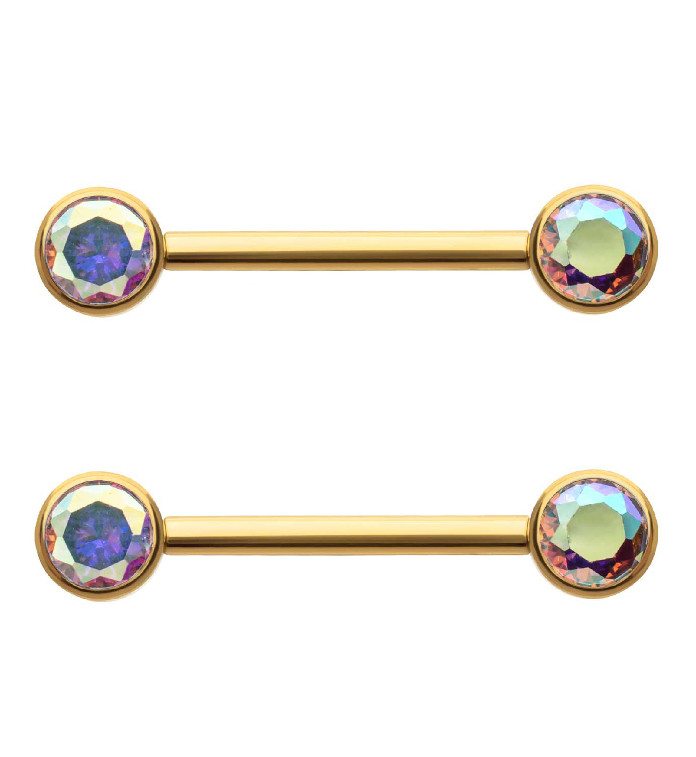 24kt Gold PVD Double Rainbow Aurora CZ Titanium Internally Threaded Nipple Ring Barbell