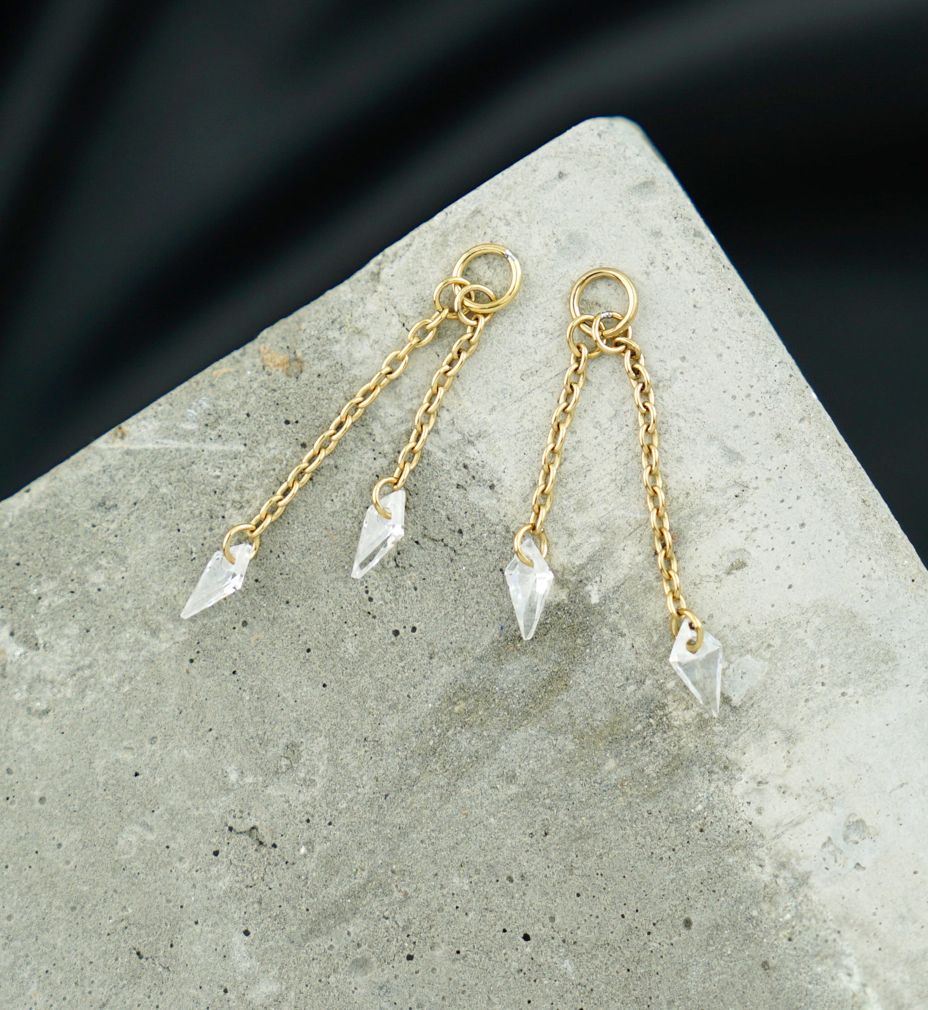 24kt Gold PVD Dual Dart CZ Dangle Chain Titanium Charm