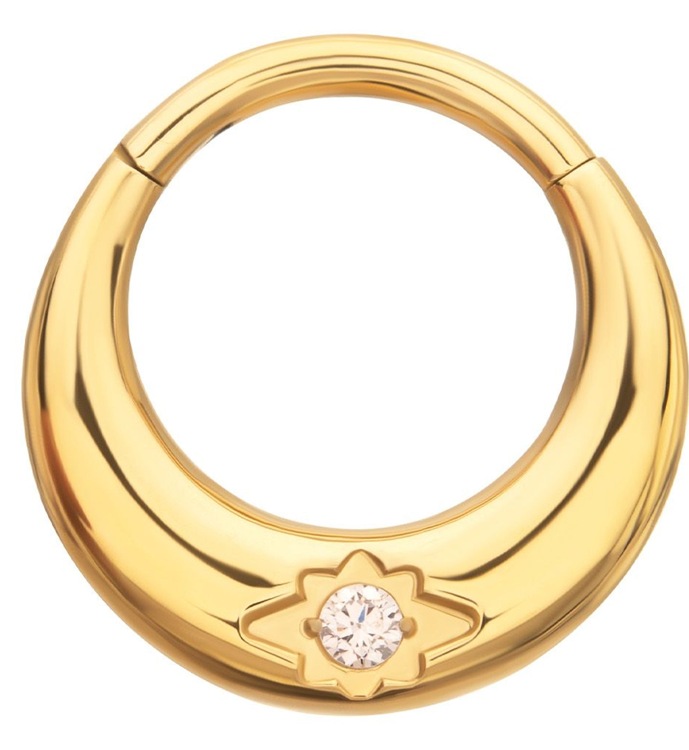 24kt Gold PVD Etched Star Clear CZ Titanium Hinged Segment Ring