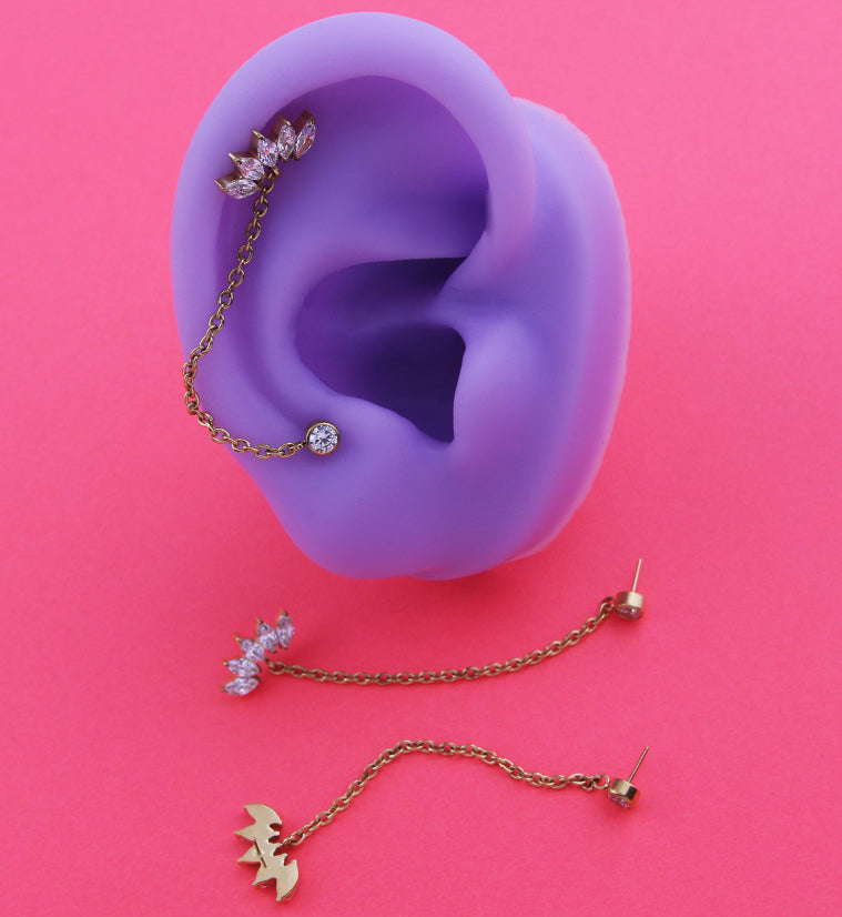 24kt Gold PVD Half Crown Clear CZ Connector Cartilage Rolo Chain Threadless Tops