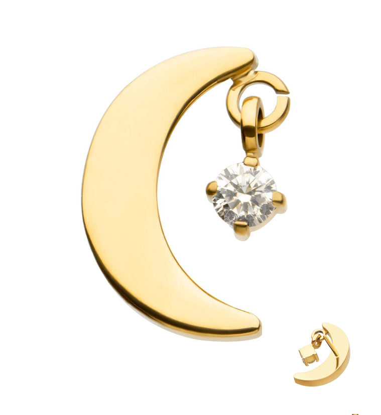 24kt Gold PVD Half Moon Clear CZ Dangle Titanium Threadless Top