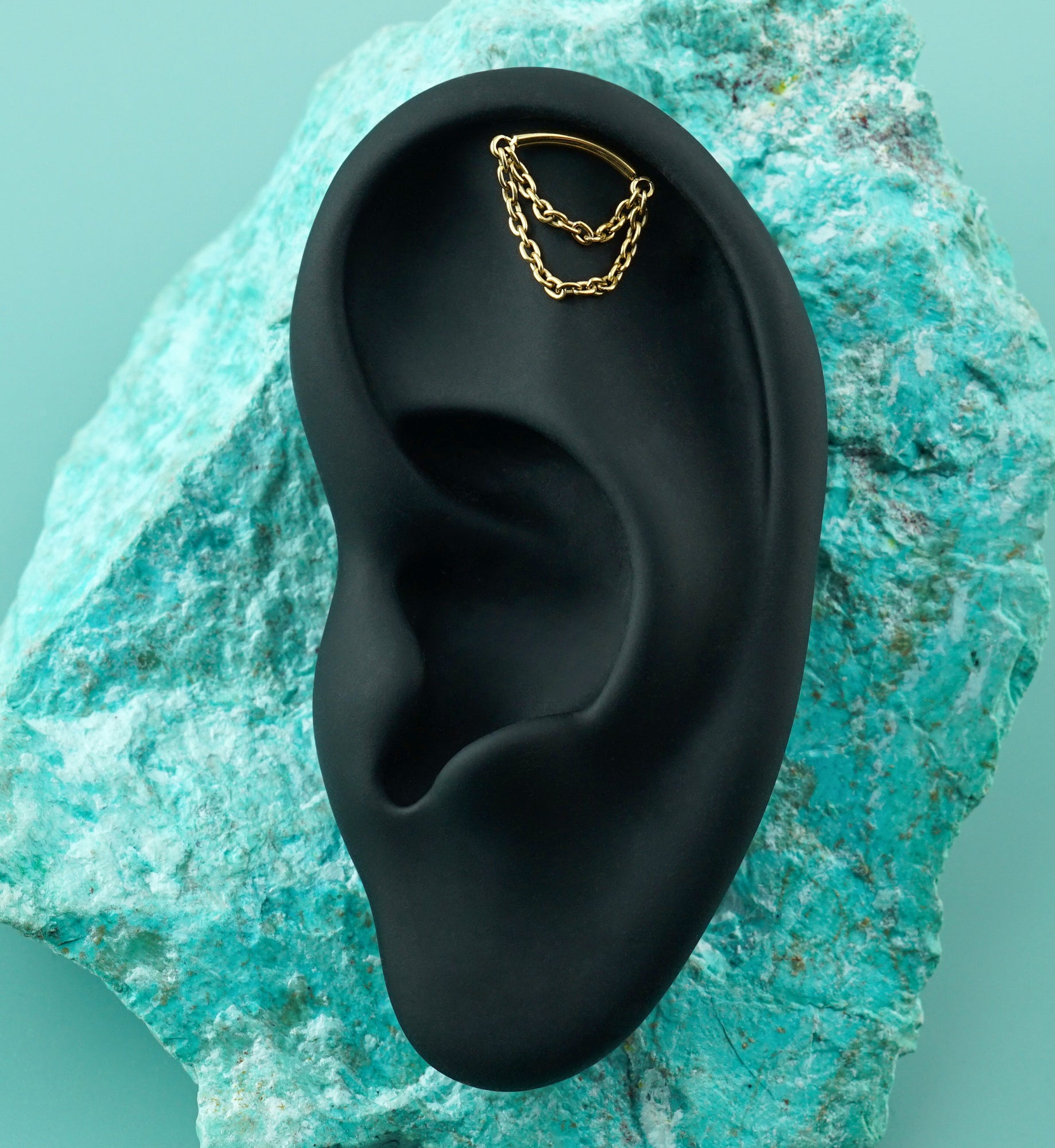 24kt Gold PVD Hidden Curved Bar Double Dangle Chain Titanium Threadless Top