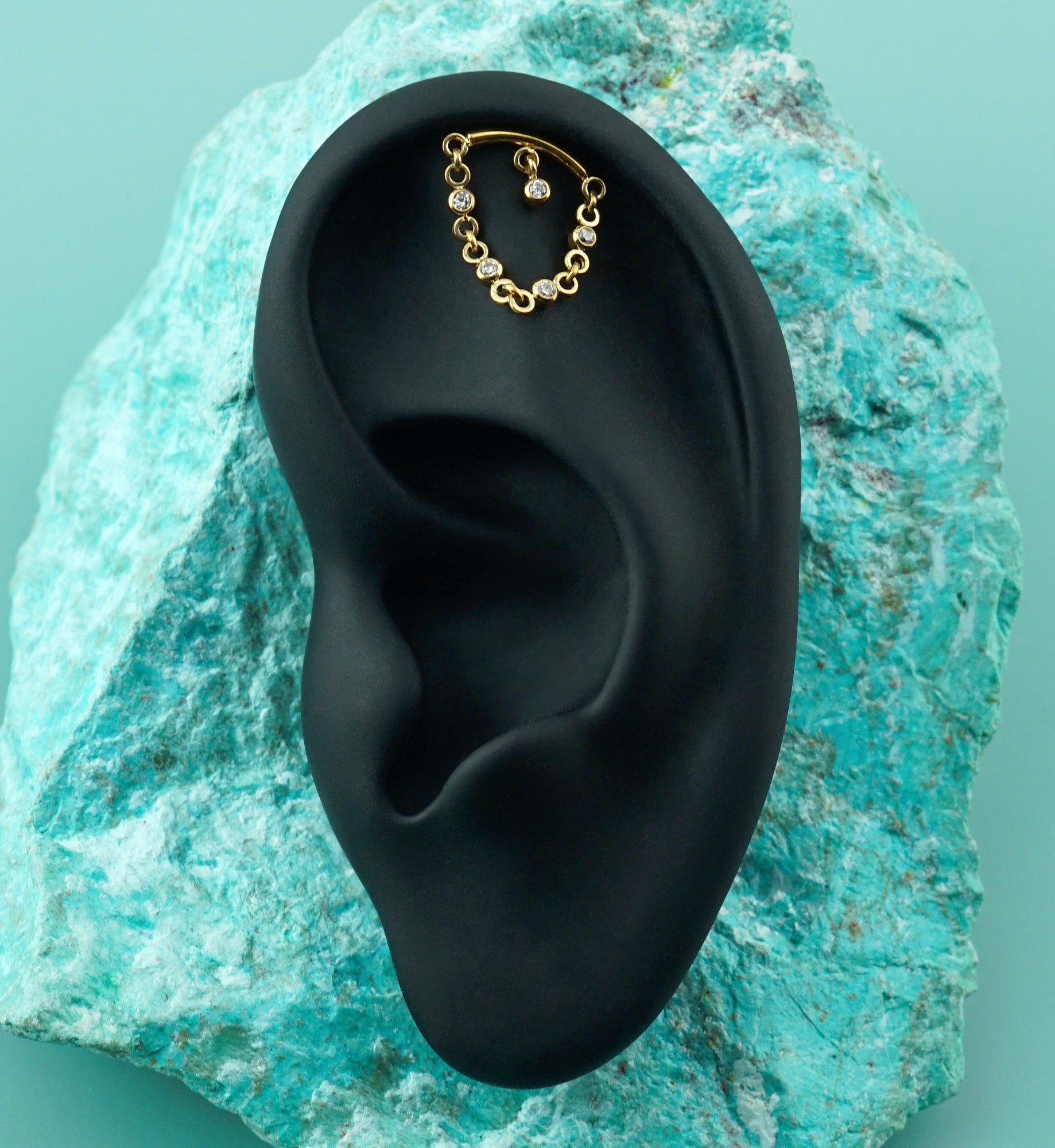 24kt Gold PVD Hidden Curved Bar Floating CZ Dangle Chain Titanium Threadless Top