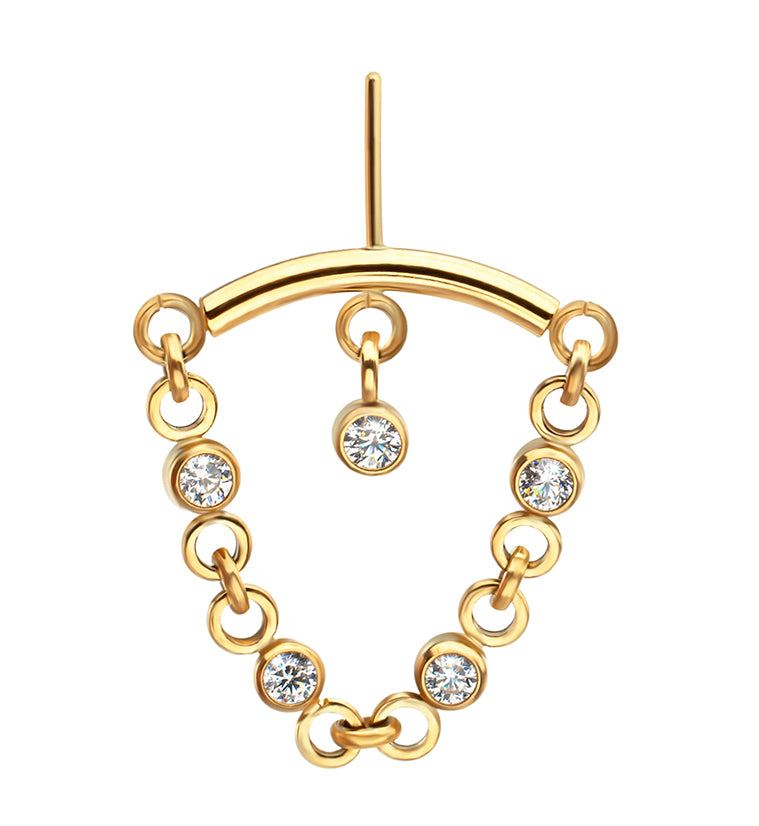 24kt Gold PVD Hidden Curved Bar Floating CZ Dangle Chain Titanium Threadless Top