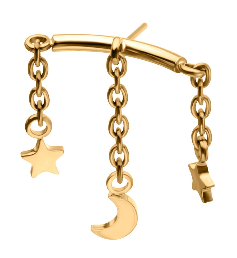 24kt Gold PVD Hidden Curved Bar Moon and Stars Triple Dangle Titanium Threadless Top