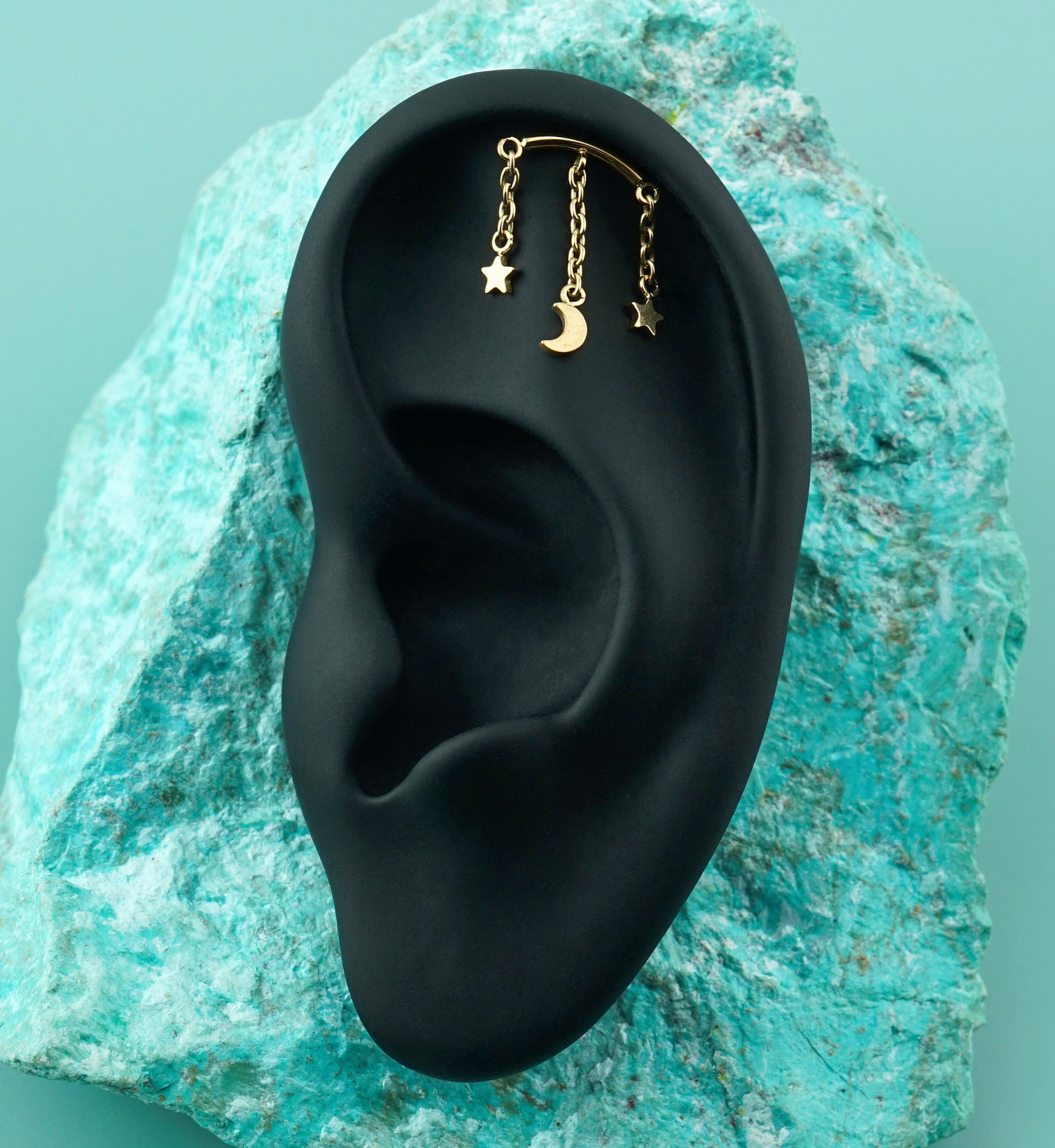 24kt Gold PVD Hidden Curved Bar Moon and Stars Triple Dangle Titanium Threadless Top