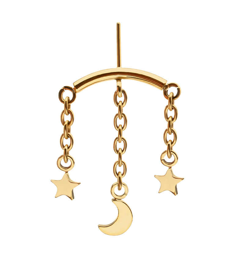 24kt Gold PVD Hidden Curved Bar Moon and Stars Triple Dangle Titanium Threadless Top
