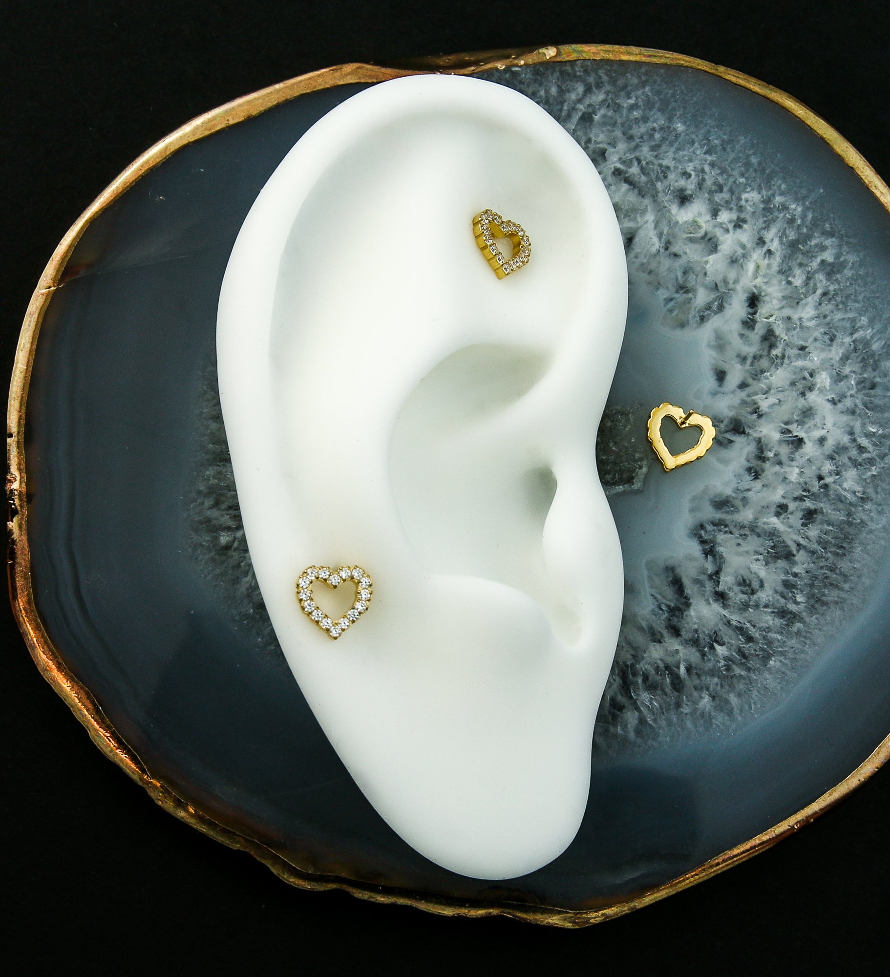 24kt Gold PVD Hollow Heart Clear CZ Titanium Threadless Top