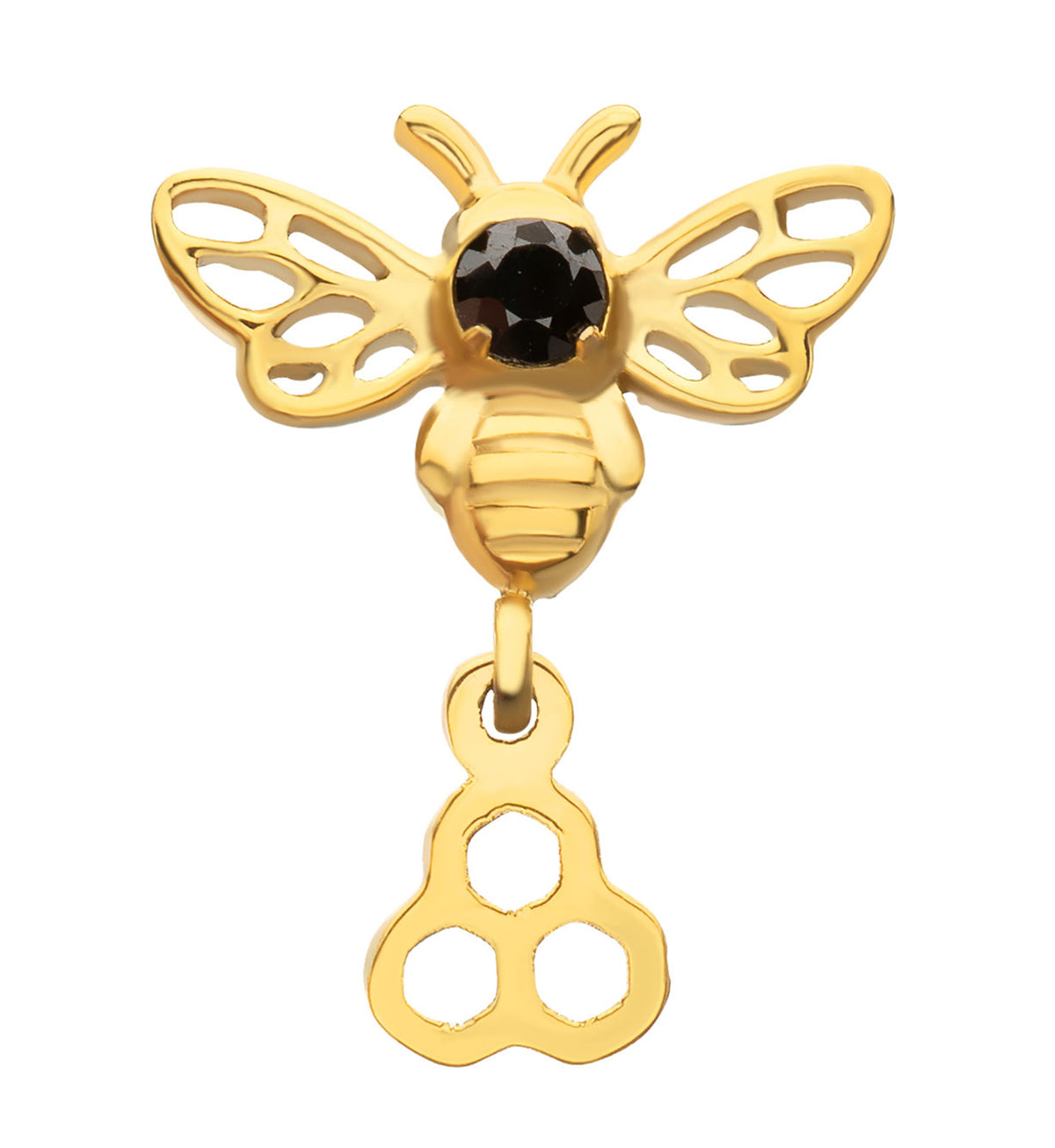 24kt Gold PVD Honeycomb Bee Black CZ Dangle Titanium Threadless Top