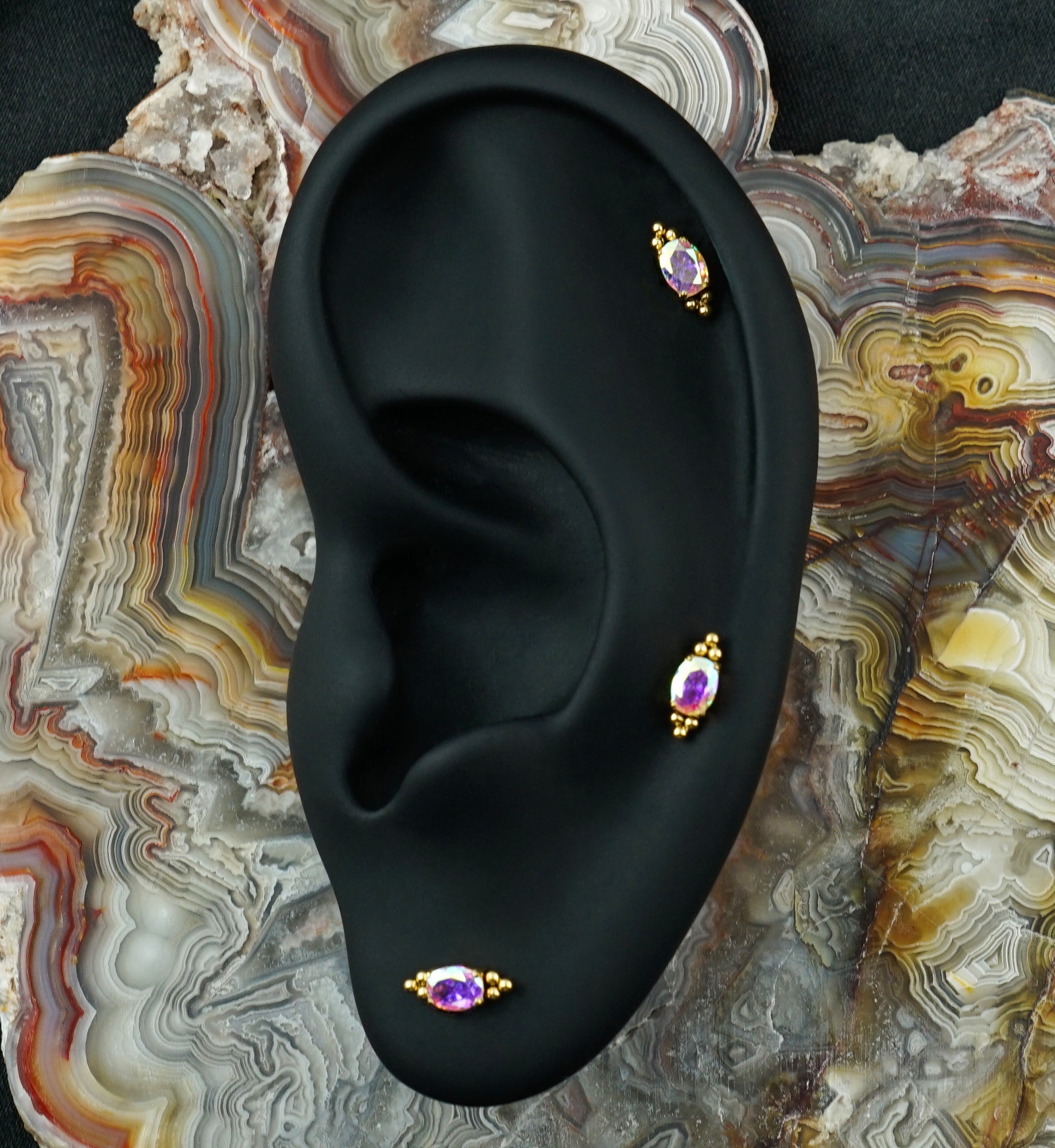24kt Gold PVD Lamp Post Rainbow Aurora CZ Titanium Threadless Top