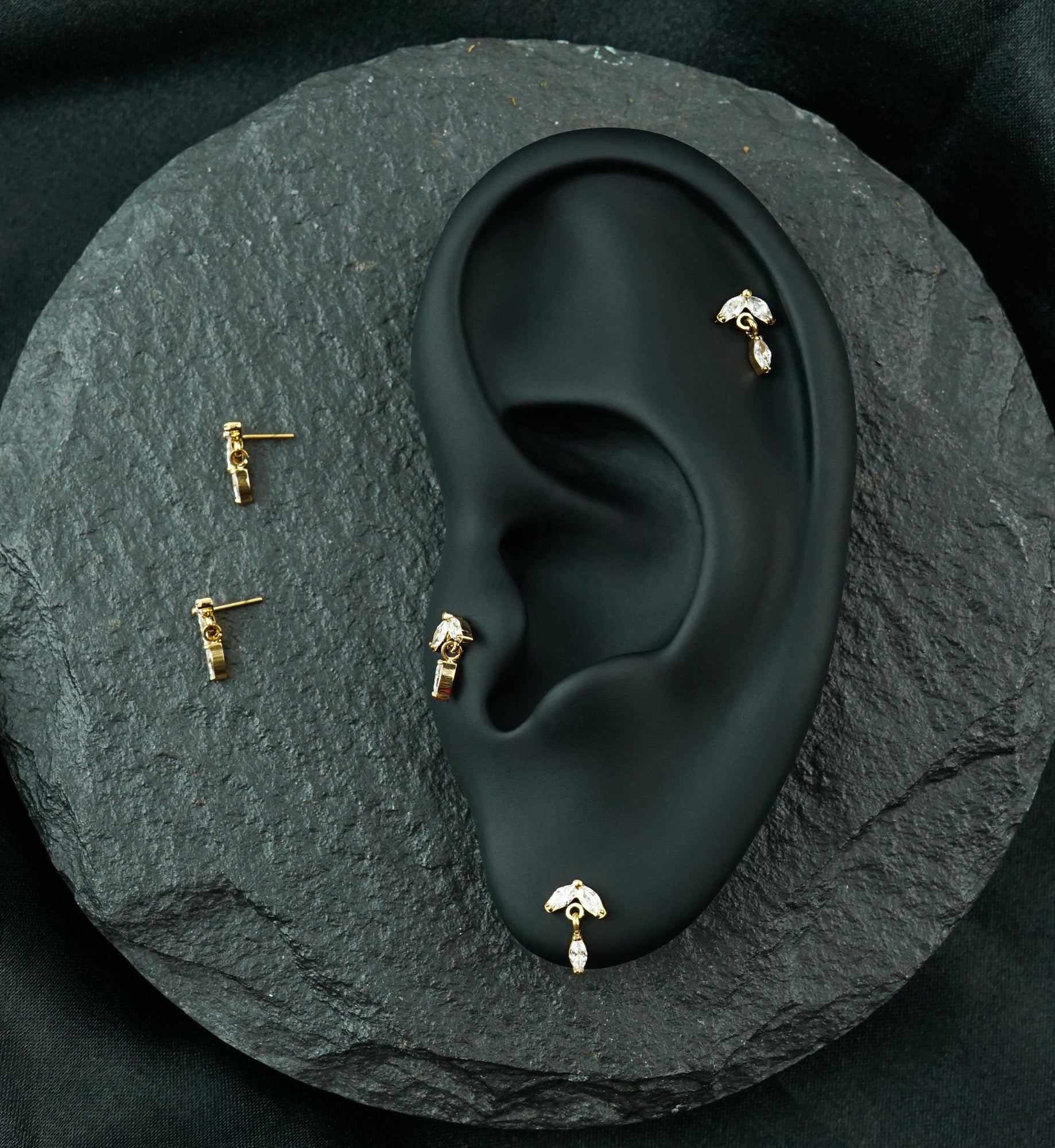 24kt Gold PVD Leafdrop Clear CZ Hanging Gem Titanium Threadless Top