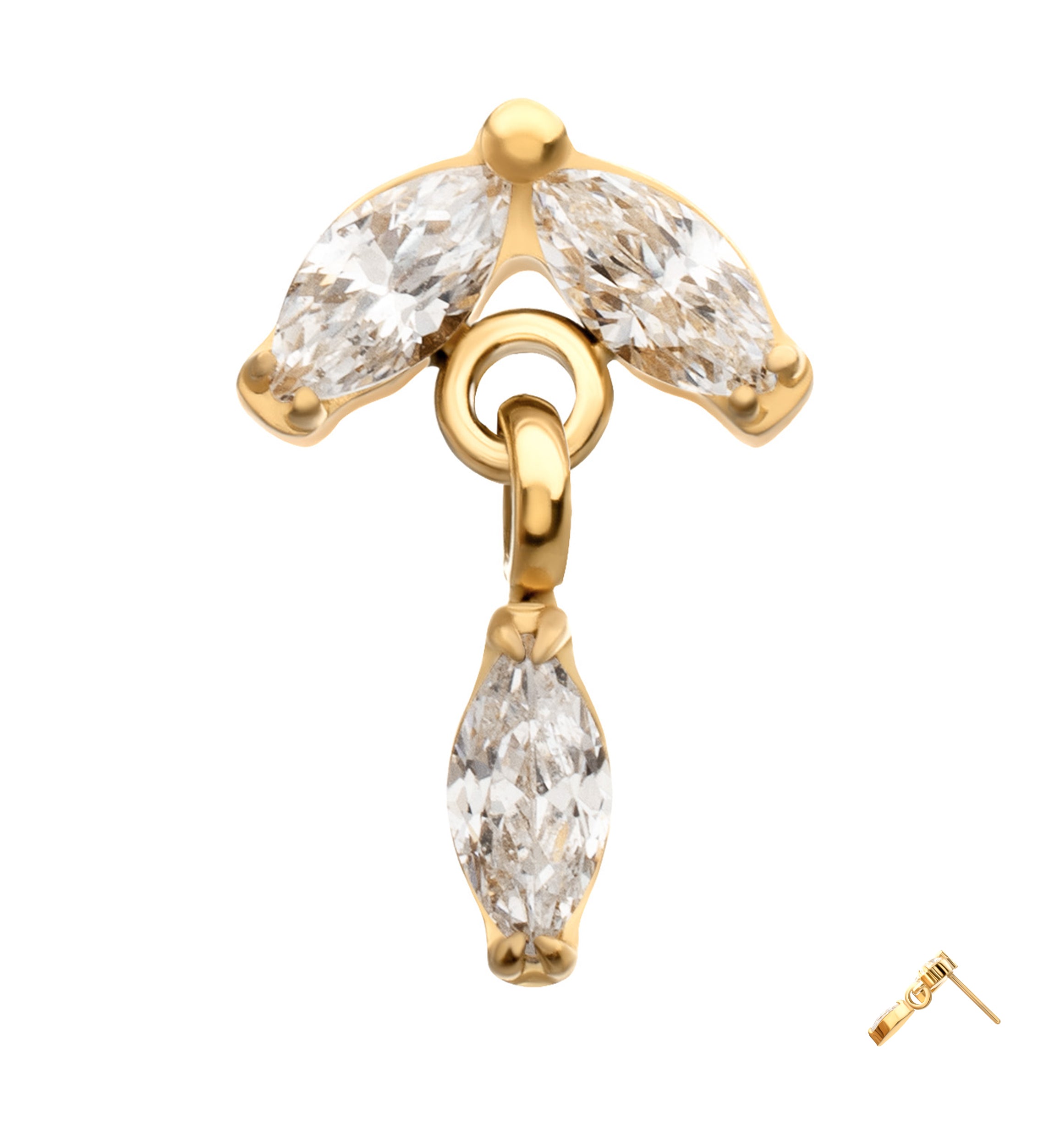 24kt Gold PVD Leafdrop Clear CZ Hanging Gem Titanium Threadless Top