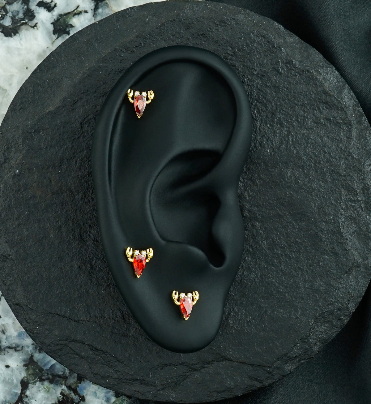 24kt Gold PVD Lobster Teardrop Red CZ Titanium Threadless Top