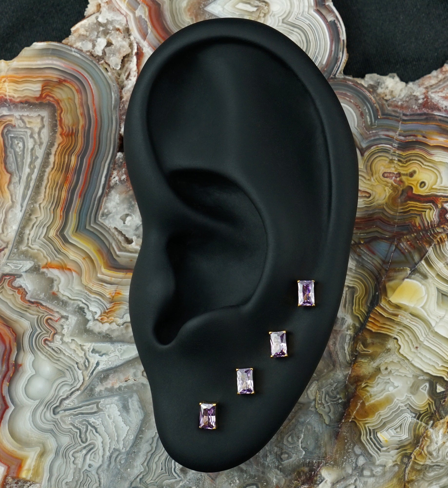 24kt Gold PVD Mini Rectangle Amethyst CZ Titanium Threadless Top