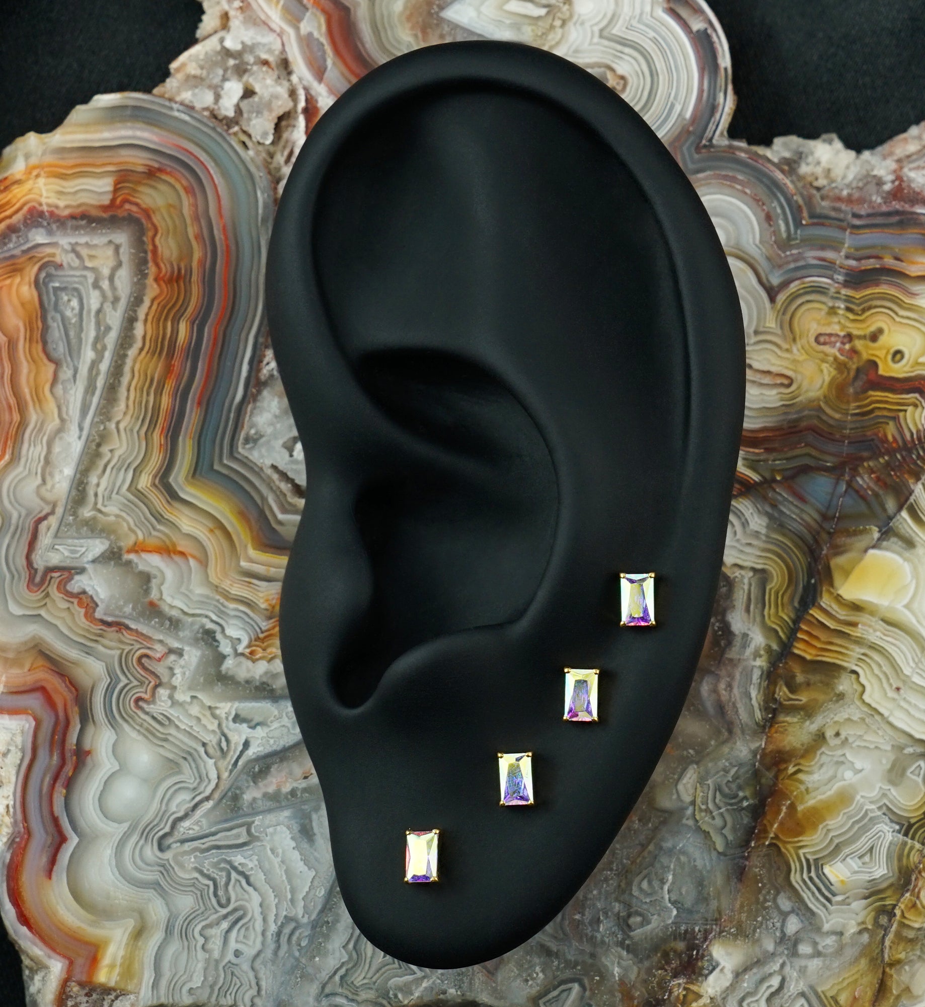 24kt Gold PVD Mini Rectangle Rainbow Aurora CZ Titanium Threadless Top