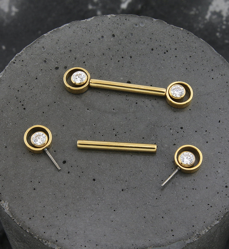 24kt Gold PVD Orbital Clear CZ Titanium Threadless Nipple Barbell