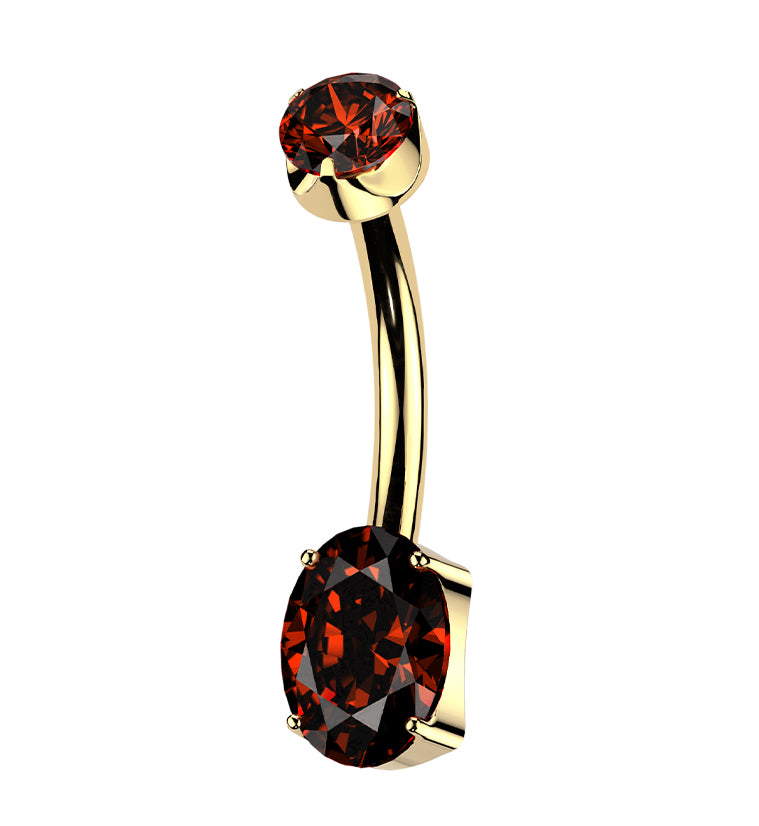 24kt Gold PVD Oval Red CZ Titanium Internally Threaded Belly Button Ring