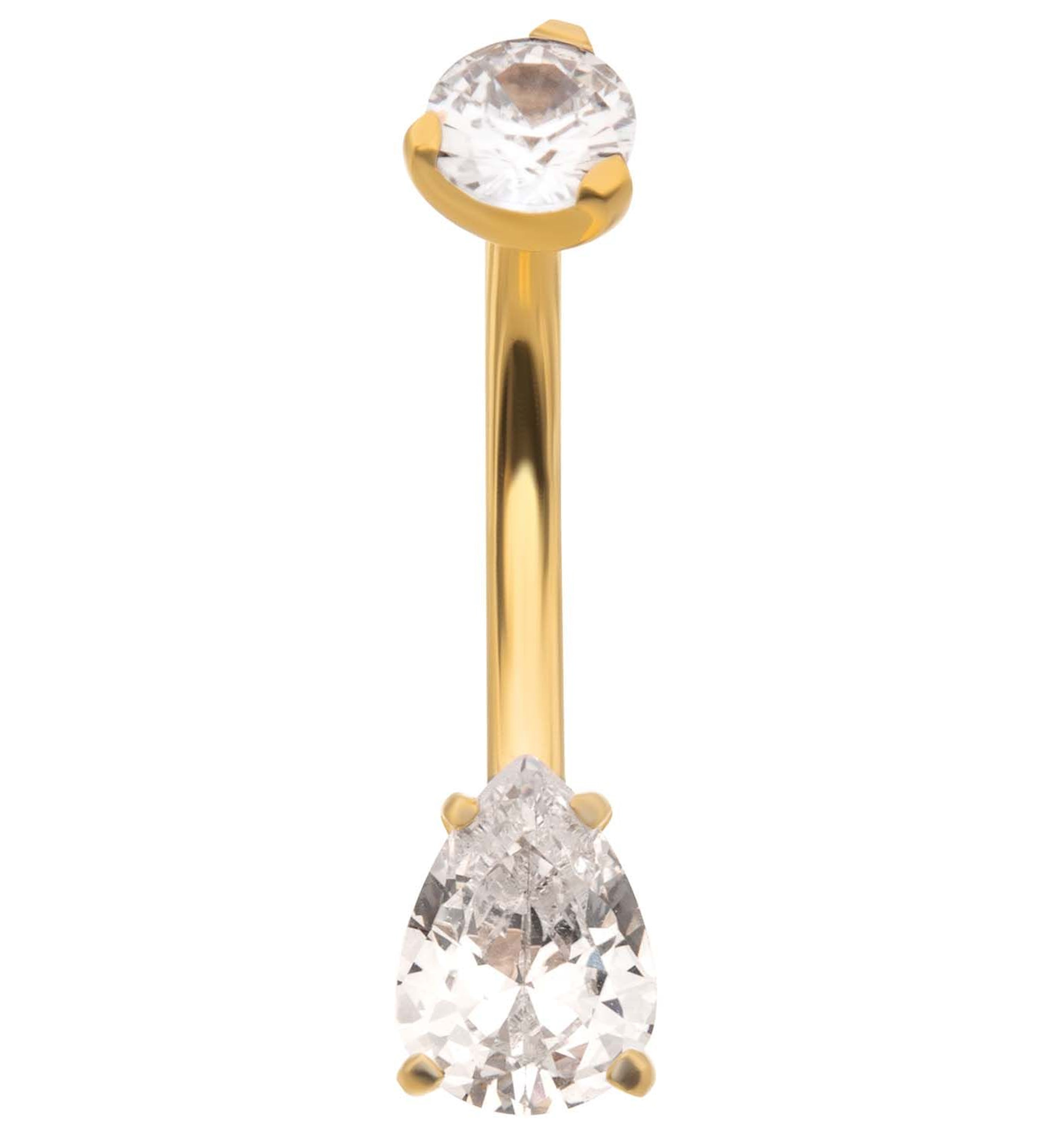 24kt Gold PVD Prong Teardrop Clear CZ Titanium Belly Button Ring