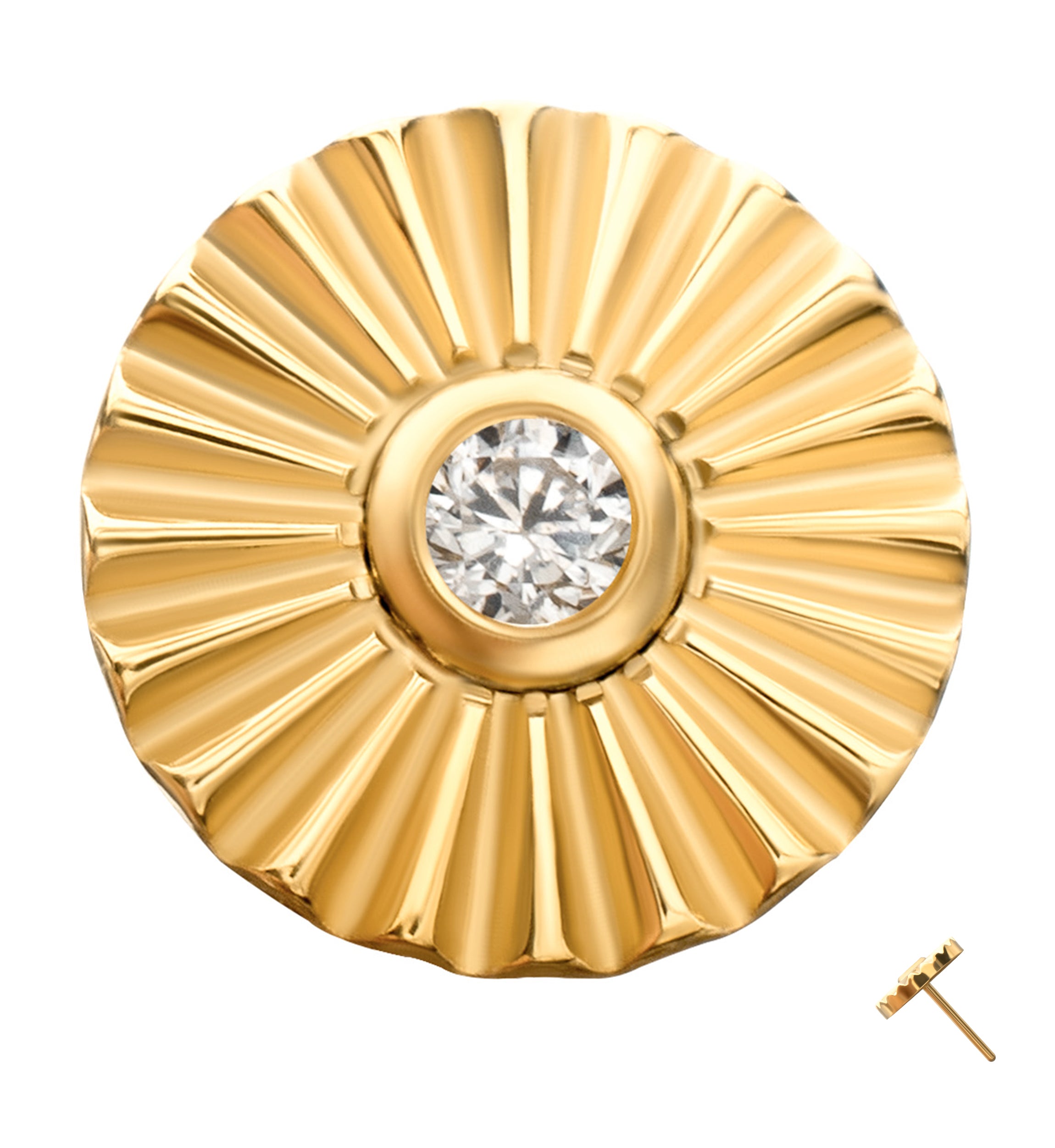 24kt Gold PVD Score Disk Clear CZ Threadless Titanium Top