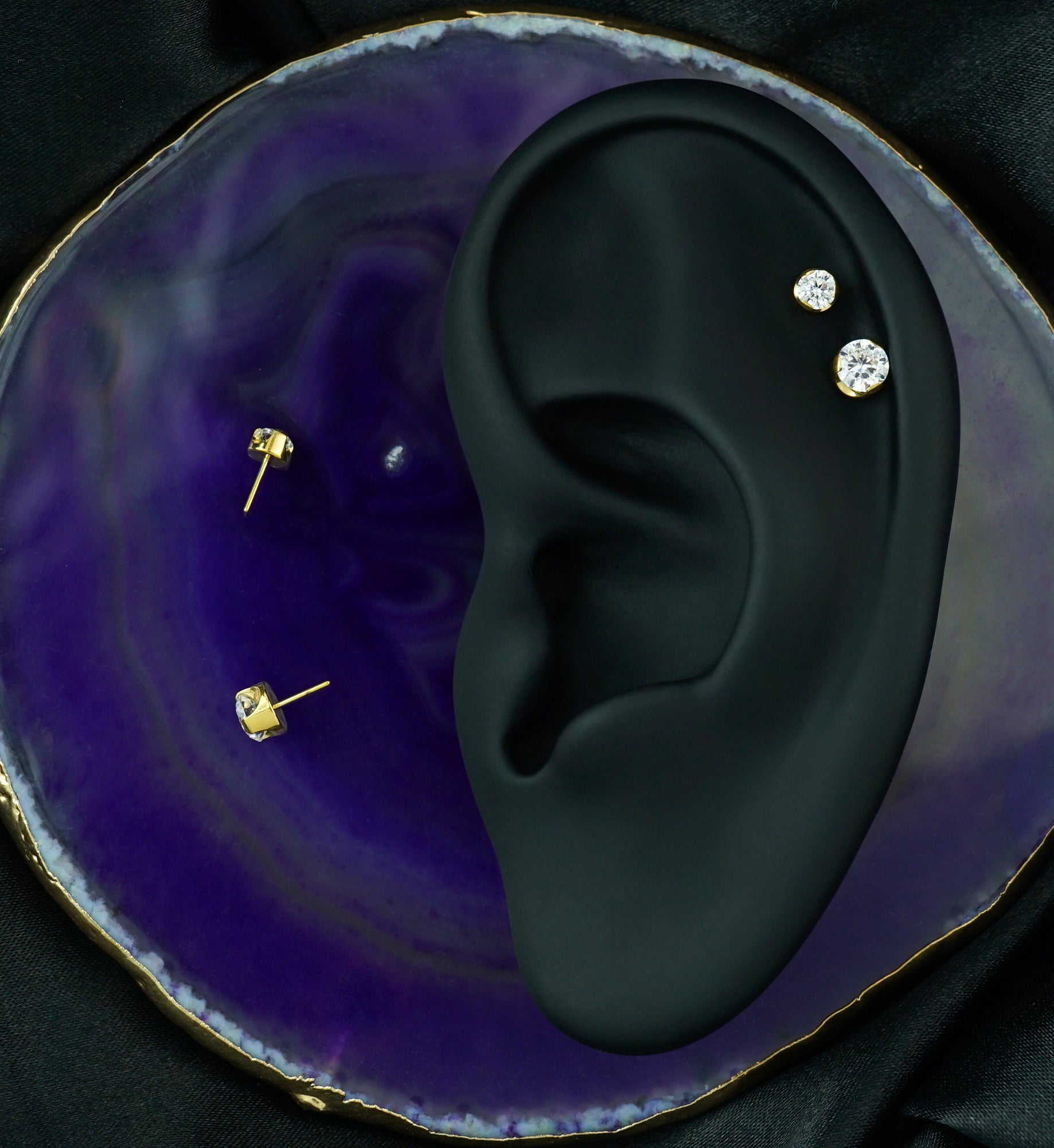 24kt Gold PVD Semi-Bezel Clear CZ Threadless Titanium Top