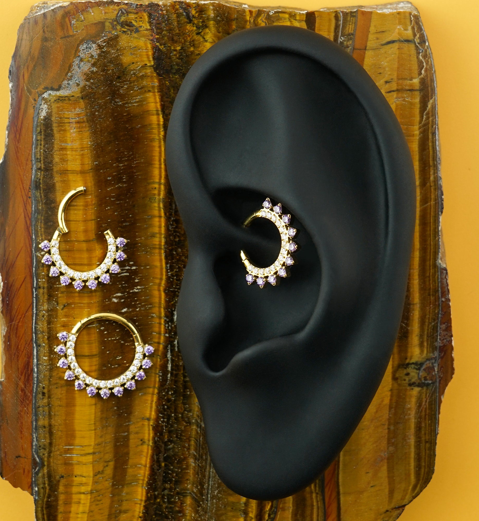 24kt Gold PVD Stonepath Amethyst CZ Titanium Hinged Segment Ring