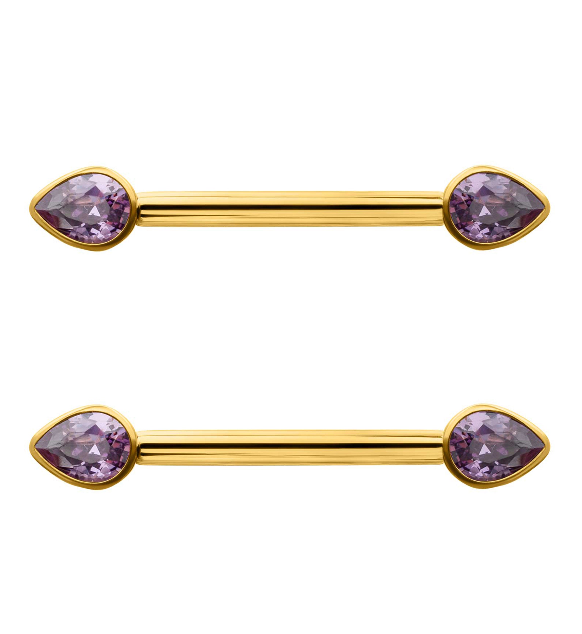 24kt Gold PVD Teardrop Amethyst CZ Titanium Internally Threaded Nipple Ring Barbell
