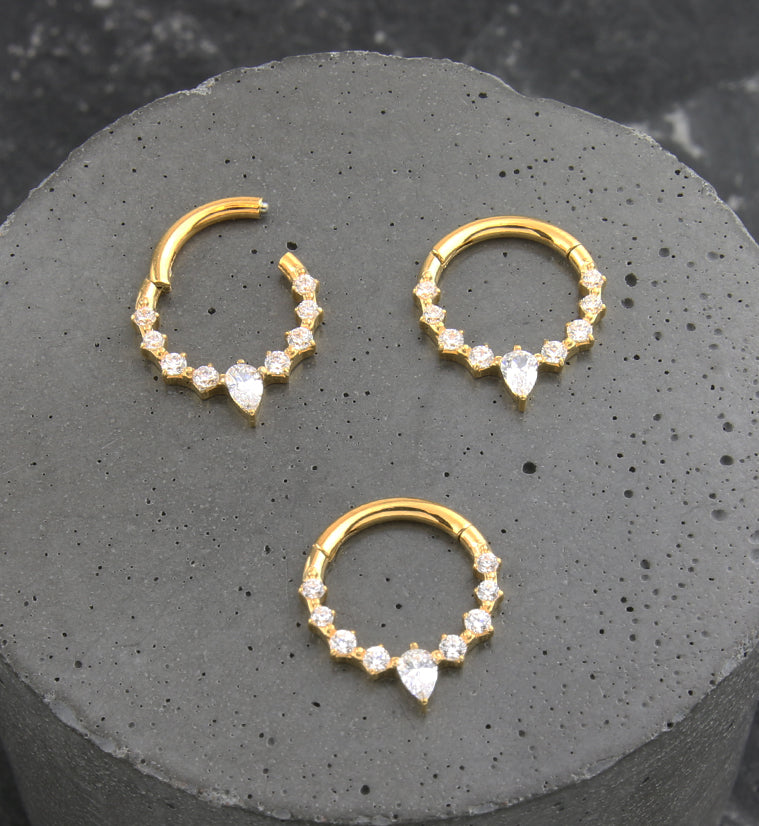 24kt Gold PVD Teardrop Icicle Clear CZ Titanium Hinged Segment Ring