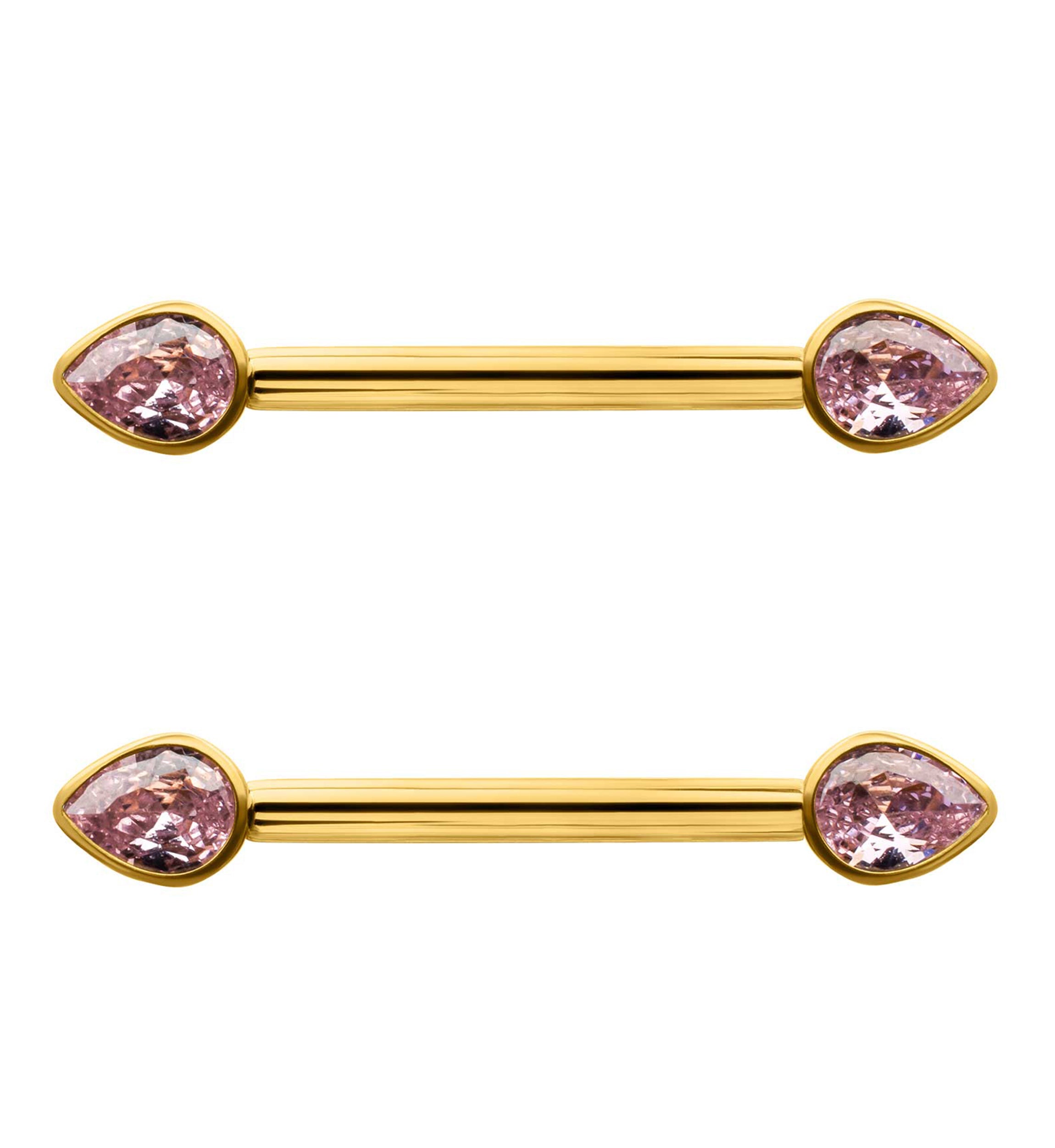 24kt Gold PVD Teardrop Pink CZ Titanium Internally Threaded Nipple Ring Barbell