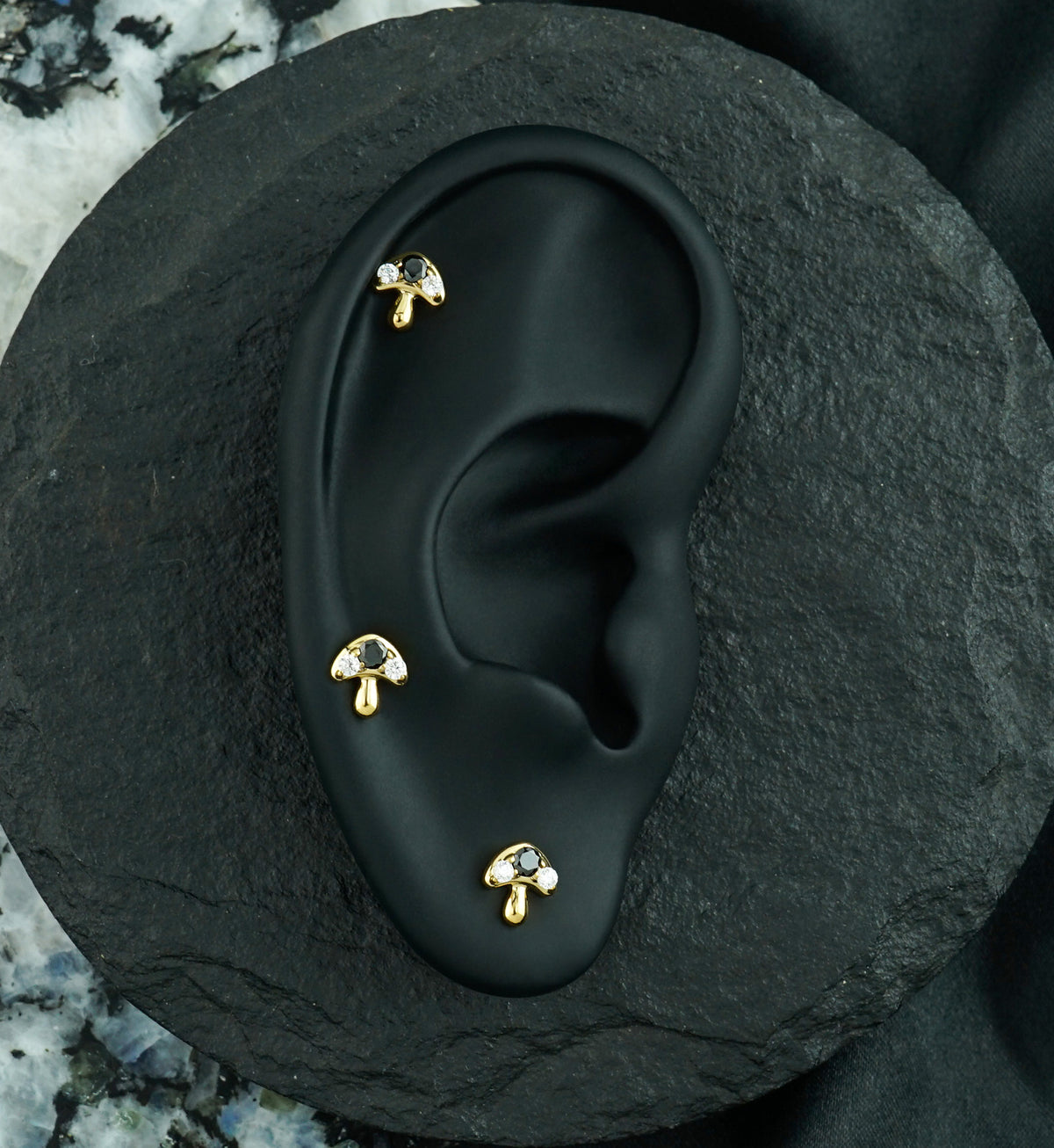 24kt Gold PVD Toadstool Black CZ Titanium Threadless Top