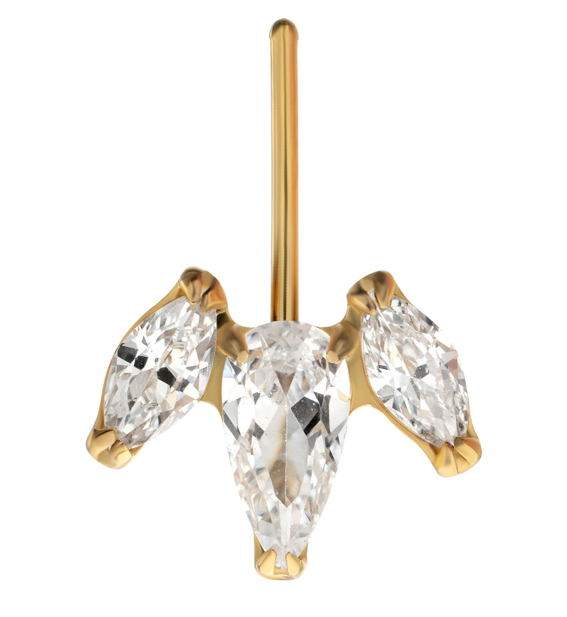 24kt Gold PVD Tri-Sepal Clear CZ Vertical Titanium Threadless Top