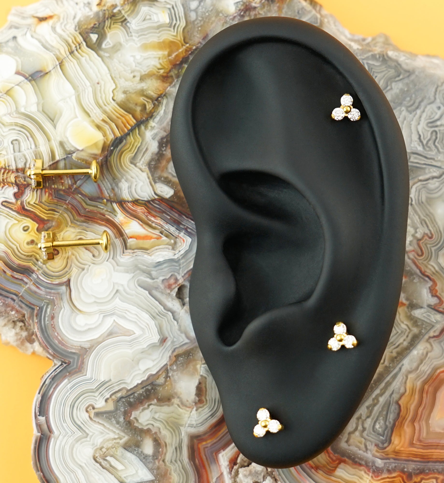 24kt Gold PVD Triad Moissanite Gem Titanium Threadless Labret