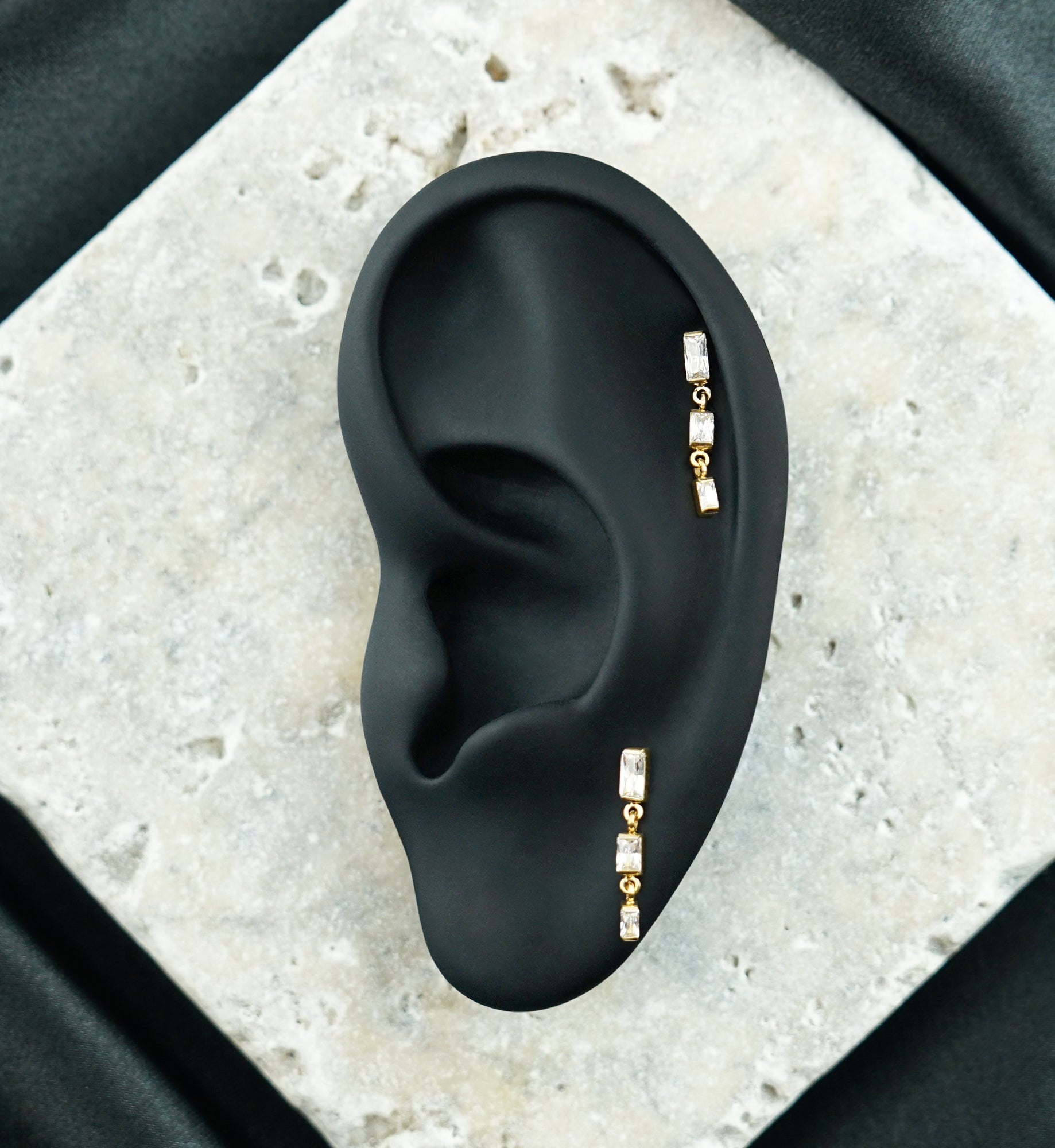 24kt Gold PVD Triple Baguette CZ Dangle Titanium Threadless Top
