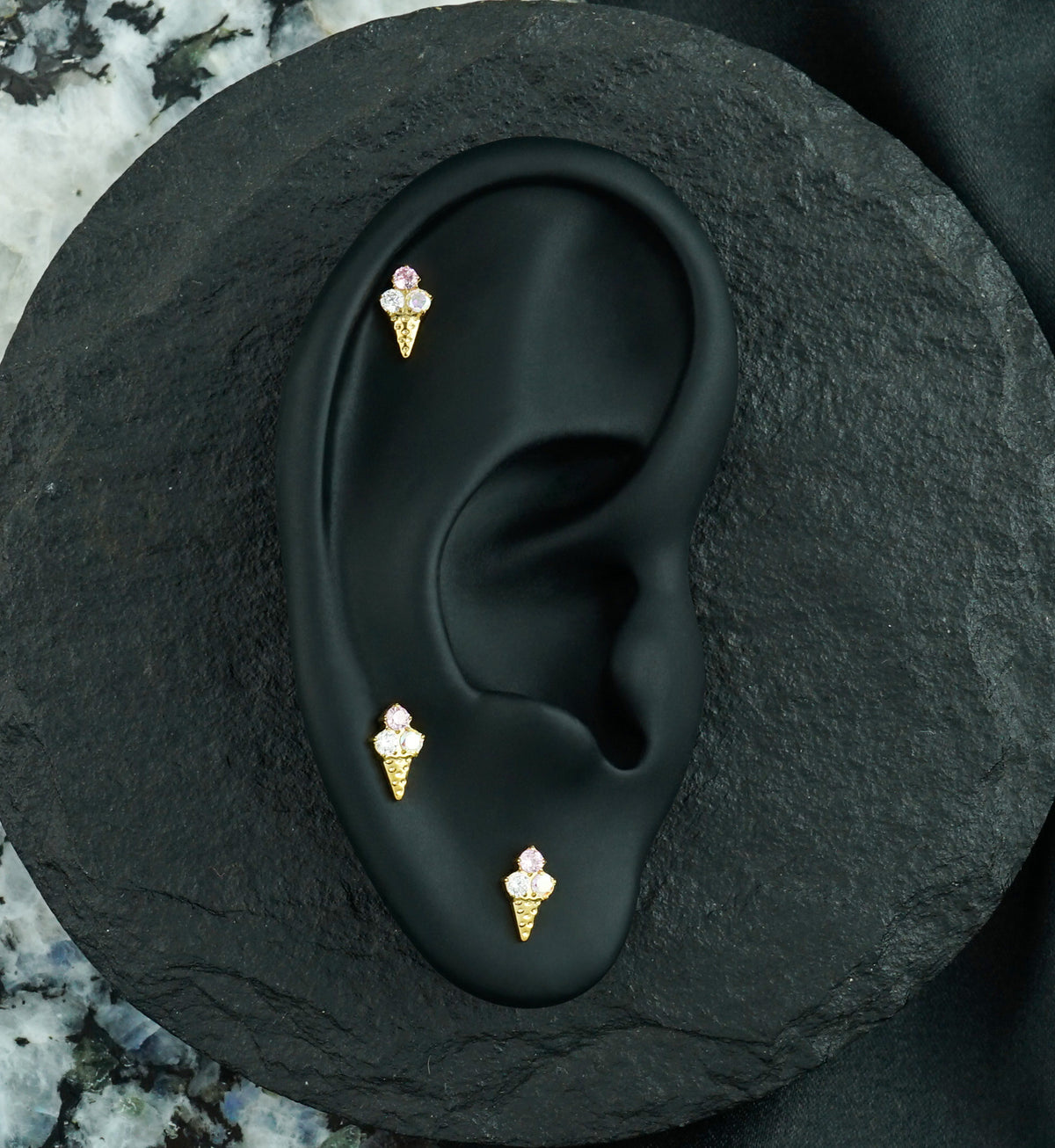 24kt Gold PVD Triple Scoop Cone CZ Titanium Threadless Top