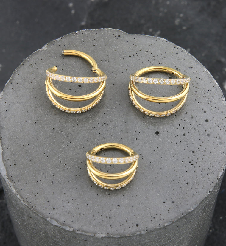 24kt Gold PVD Triple Side Bar Dual Clear CZ Row Titanium Hinged Segment Ring