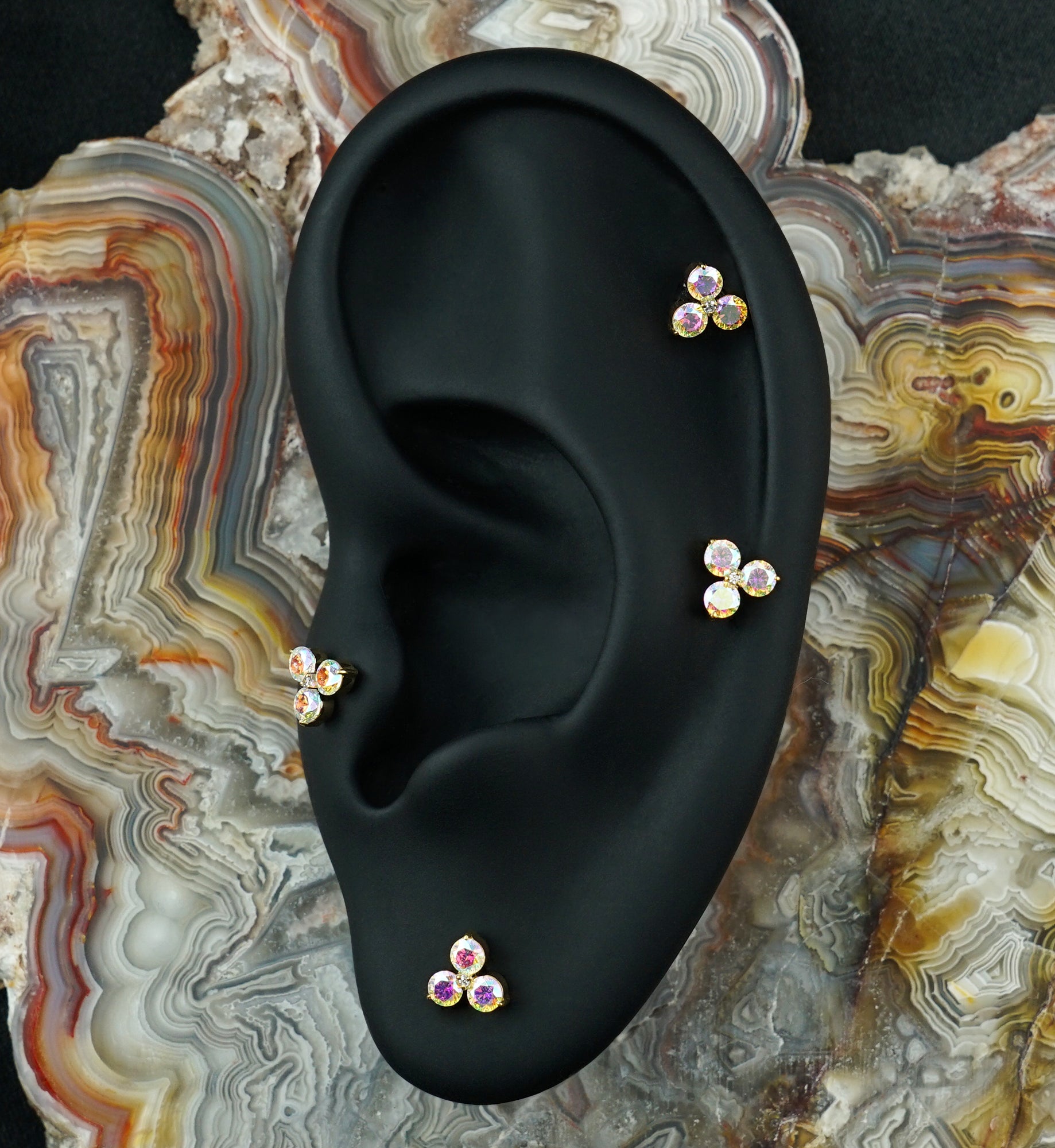 24kt Gold PVD Triplet Rainbow Aurora CZ Titanium Threadless Top