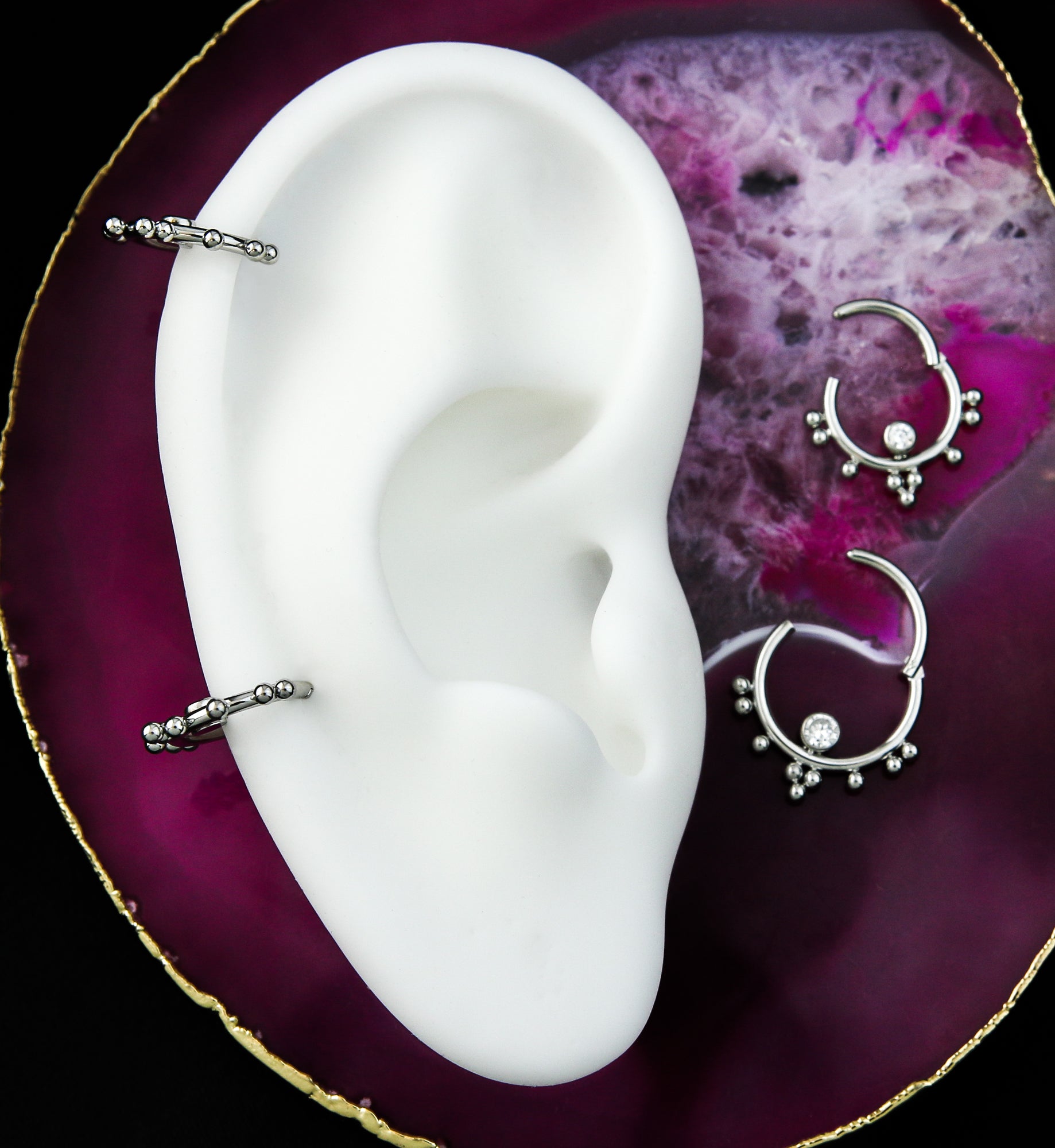 Beaded Cluster Clear CZ Stainless Steel Hinged Segment Ring