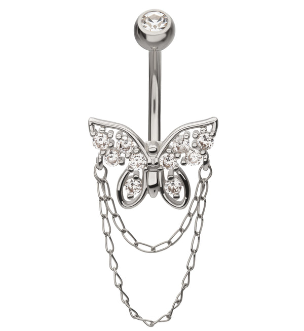 Butterfly Double Chain Clear CZ Dangle Stainless Steel Belly Button Ring