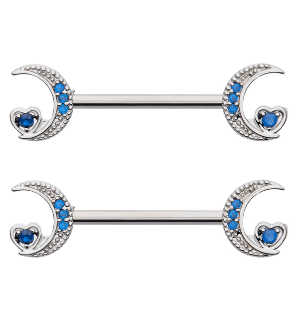 Crescent Moon Heart Blue CZ Stainless Steel Nipple Barbell