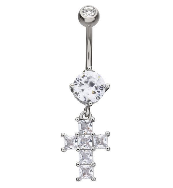 Cross Clear CZ Dangle Stainless Steel Belly Button Ring