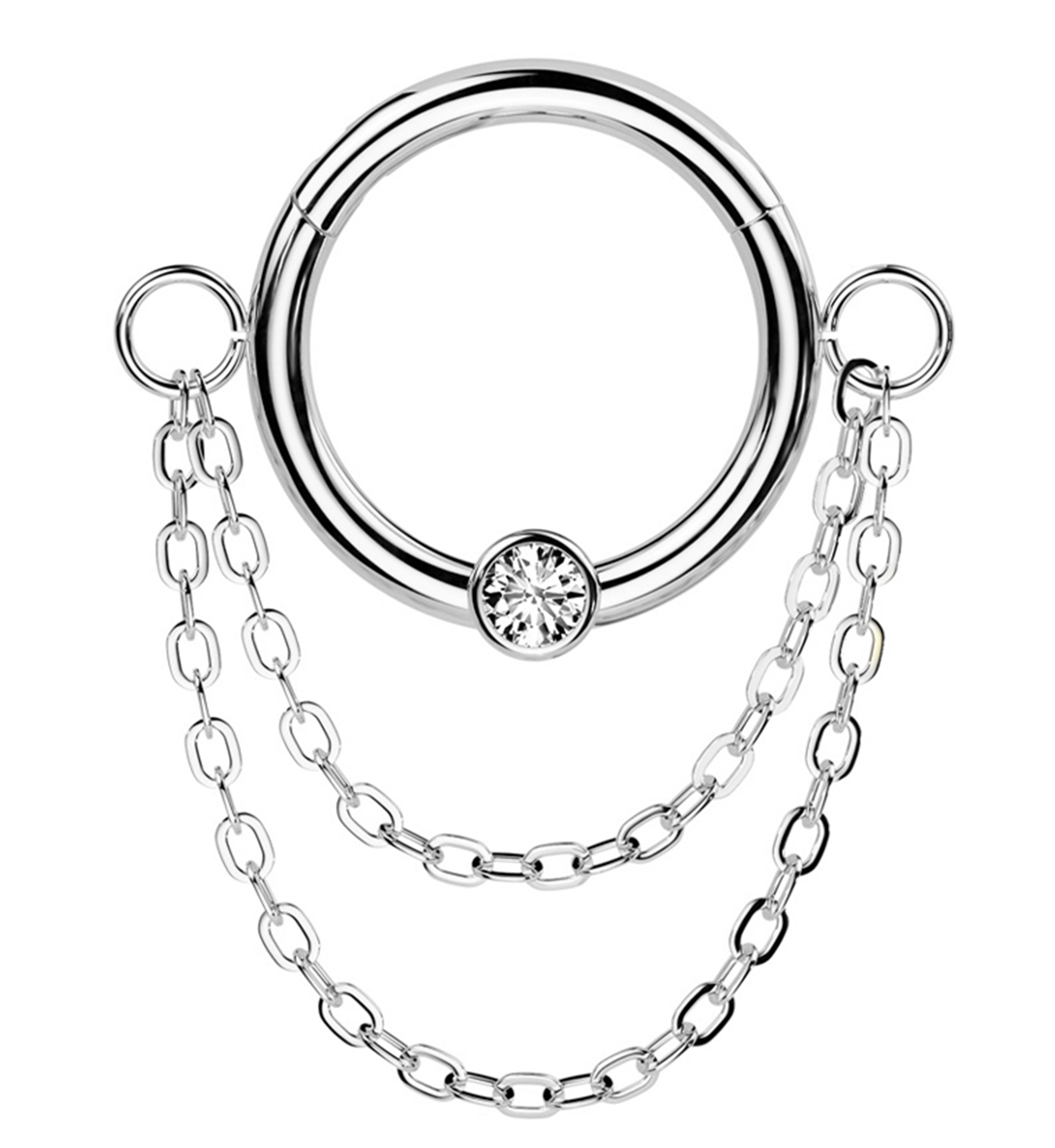 Double Dangle Chain Clear CZ Stainless Steel Hinged Segment Ring