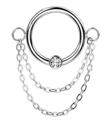 Double Dangle Chain Clear CZ Stainless Steel Hinged Segment Ring