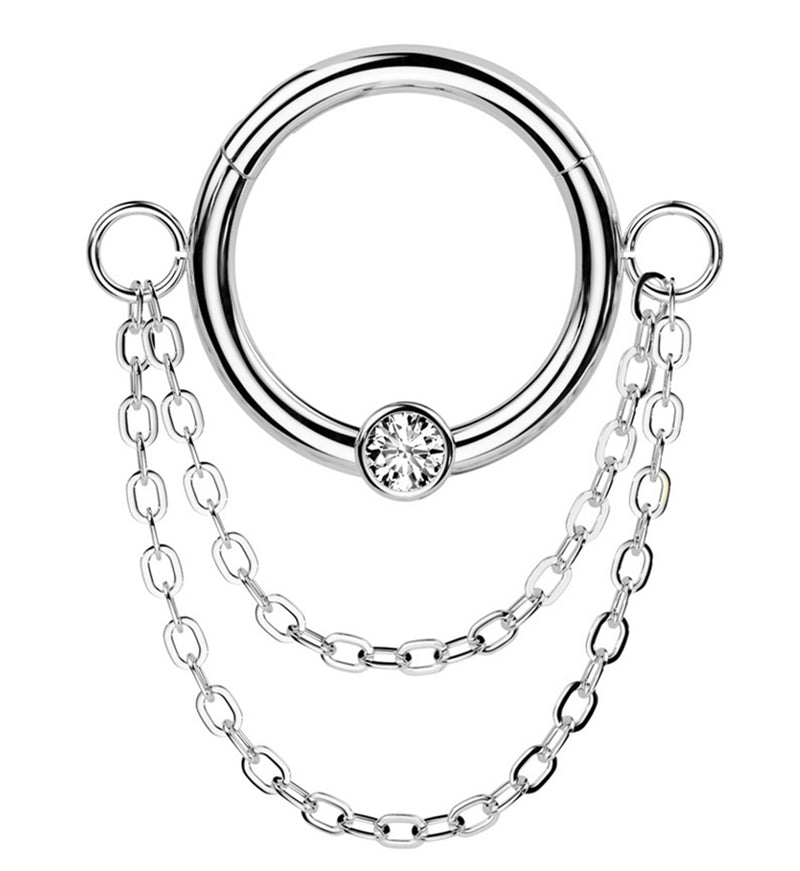Double Dangle Chain Clear CZ Stainless Steel Hinged Segment Ring