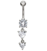 Double Heart Clear CZ Dangle Stainless Steel Belly Button Ring