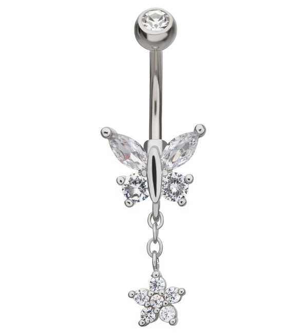Flower Butterfly Clear CZ Dangle Stainless Steel Belly Button Ring