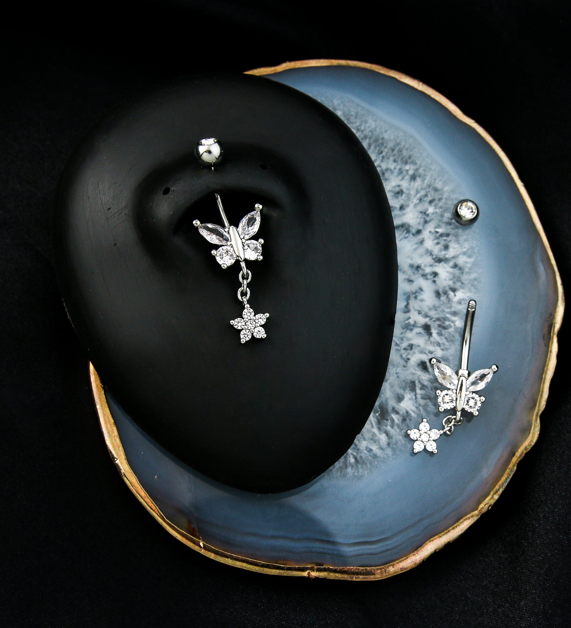 Flower Butterfly Clear CZ Dangle Stainless Steel Belly Button Ring