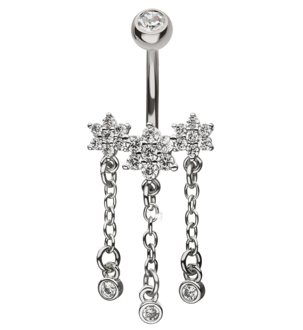Flower Trio Clear CZ Dangle Stainless Steel Belly Button Ring