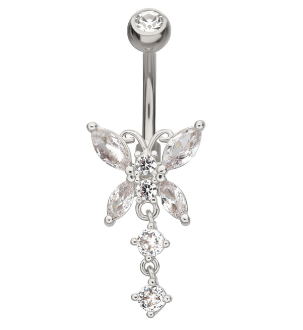 Fluttering Butterfly Clear CZ Dangle Stainless Steel Belly Button Ring