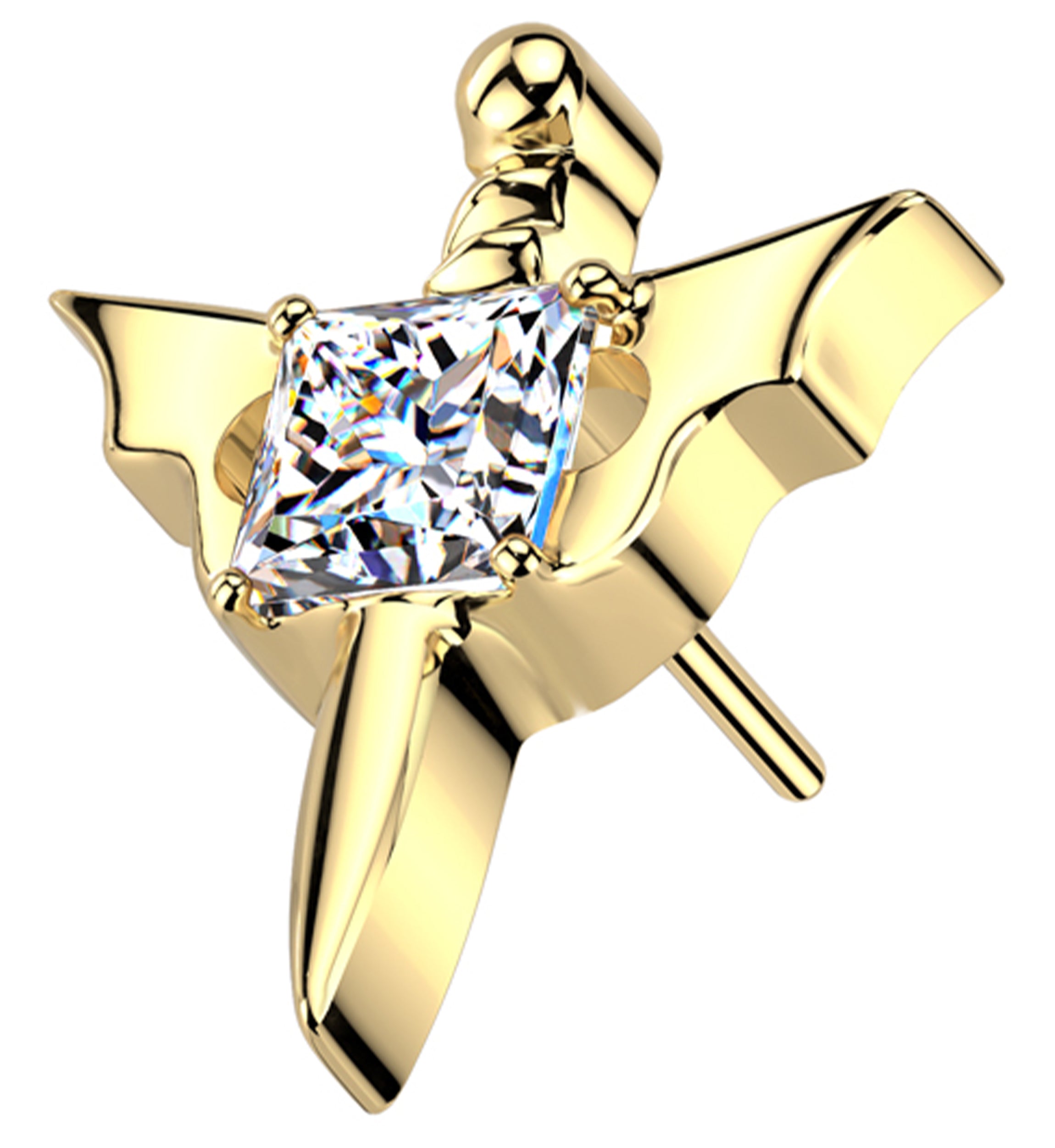 Gold PVD Bat Wing Dagger Square Clear CZ Titanium Threadless Top